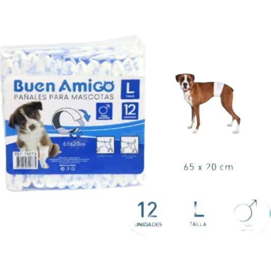Pañales Desechable Para Perro 12 Unidades Talla L Blanco