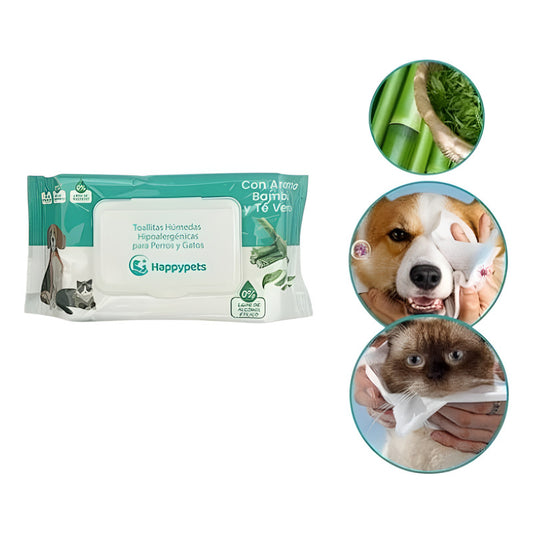 Toallitas Humedas Happy Pets 50un Perros Y Gatos Aroma Bambú