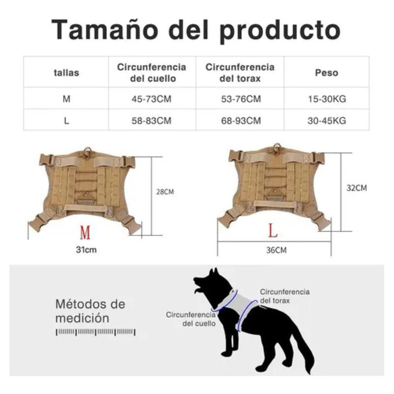 Arnés Táctico Para Perro, Ajustable, Chaleco Militar Marrón Claro L Liso