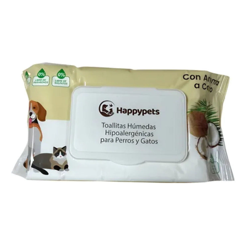 Toallitas Humedas Happy Pets 50un Perros Y Gatos Aroma Coco